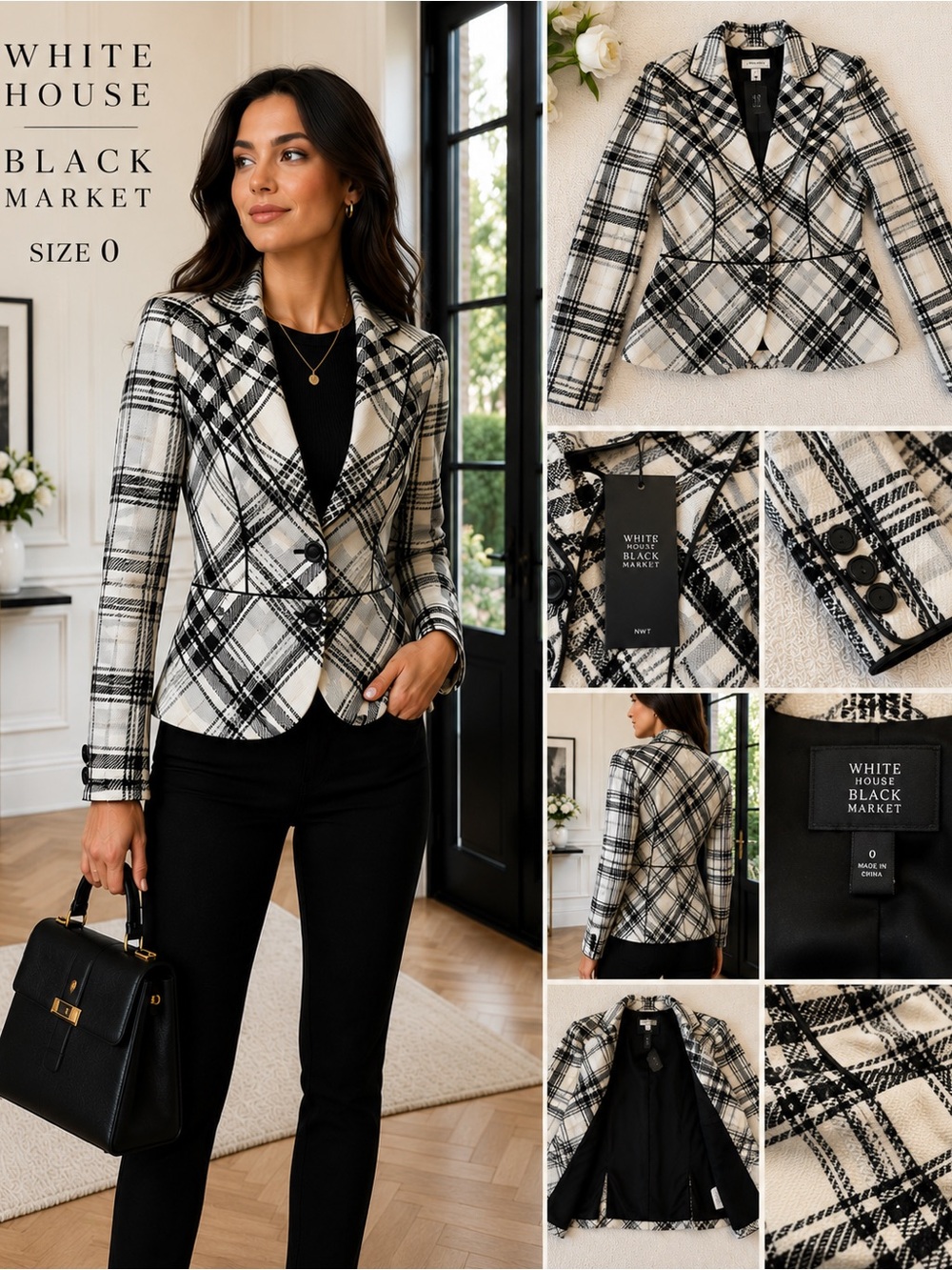 White House Black Market Black & White Plaid Fitted Blazer - Size 0 NWT - Picture 2 of 16